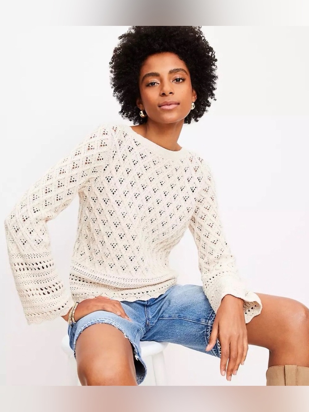 LOFT Mixed Pointelle Wide Sleeve Boatneck Sweater Size Small Petite - C59-004